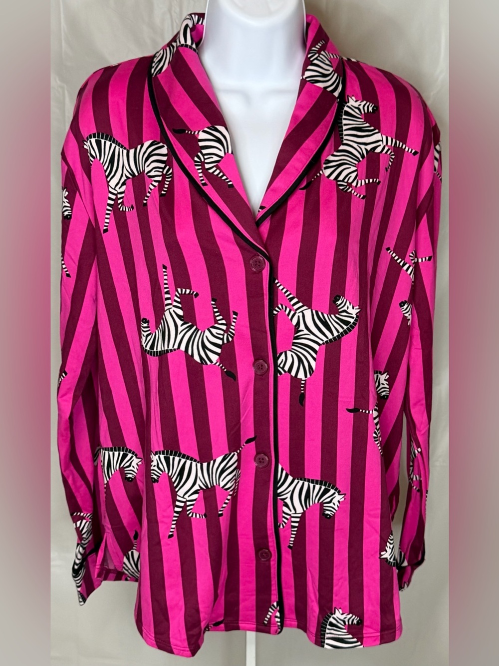 Room Service Zebra Pajama Top Large Pink Striped Satin Lounge Shirt